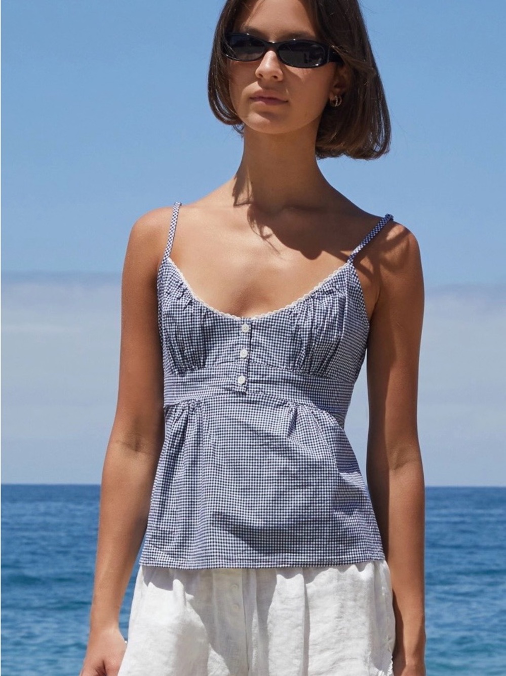 Brandy Melville Blue Plaid Babydoll Cami Tank | Lace Trim Button Front One Size